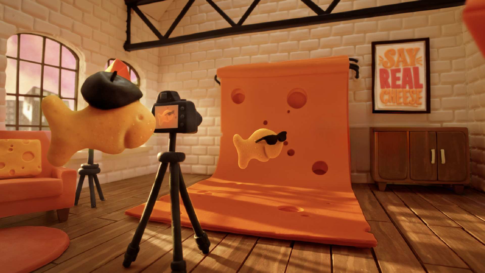 Goldfish cracker taking photos in a cheese-themed studio